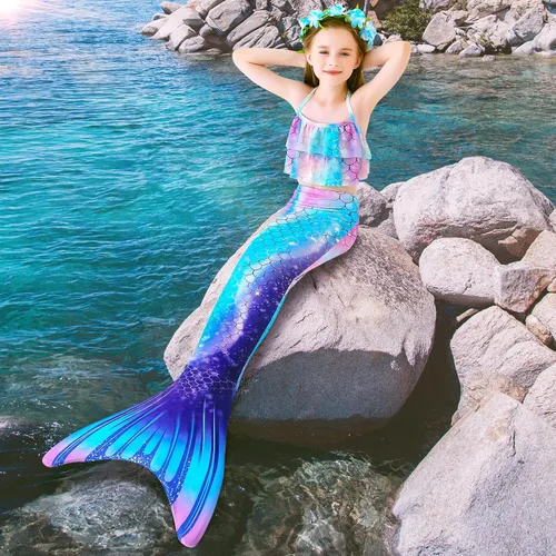 Vista 5 de Farshine Traje de baño de sirena para niñas, traje de baño de princesa, traje de baño para nadar