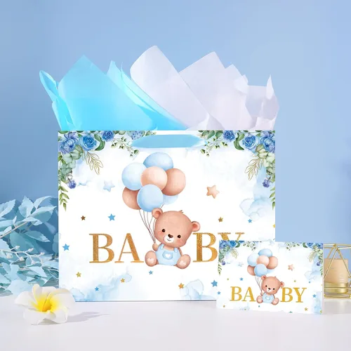 Vista 8 de Plauthus Bolsas de regalo grandes para bebé de 13 pulgadas con papel de seda y tarjeta de felicitación (oso de balón y floral), bolsas de regalo