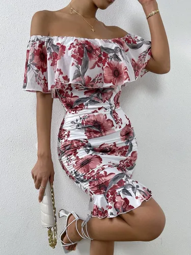 Vista 3 de Vestidos para mujer, vestidos para mujer, vestidos con estampado floral, hombros descubiertos, ribete con volantes, vestidos ajustados