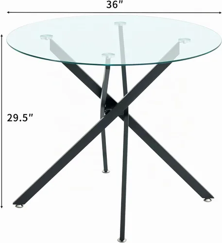 Vista 2 de Mesa de comedor redonda de vidrio de 36 pulgadas para 2-4 personas, patas de metal negro resistentes, mesa de cocina redonda de vidrio