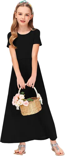 Vista 5 de Deerose Vestido largo casual de manga corta para niñas, con bolsillos, de 5 a 14 años