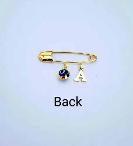 Vista 5 de 14k. Yellow Gold Baby Safety Pin Evil Eye & Initial Charms/Christening/Baptism/NOT Gold Filled NOT Gold Plated