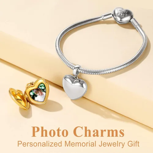 Vista 5 de Custom4U Photo Charms for Bracelets 925 Sterling Silver/Gold Plated Heart/Tree of Life/Round Charm Bead Personalized with Picture Custom