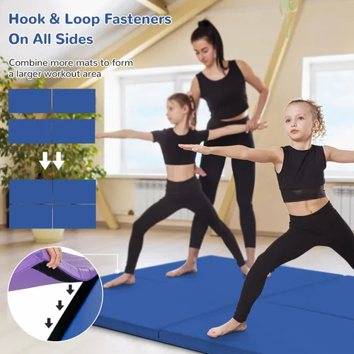 Vista 5 de GYMAX Tapete de ejercicio, 2 x 6 pies, biplegable con asas de transporte, tapete grueso para entrenamiento en casa para gimnasia, pulgar, yoga