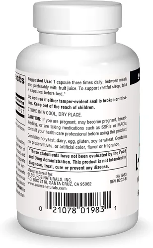 Vista 2 de Source Naturals L-triptófano, para el estado de ánimo, la relajación y el sueño*, 500 mg - 30 cápsulas
