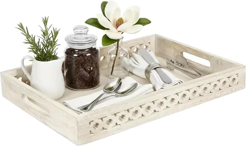 Vista 10 de Mela Artisans Bandeja para servir de madera de mango de 16 x 12 x 2.5 pulgadas con asas, dorado envejecido florecido, tabla de servir de madera