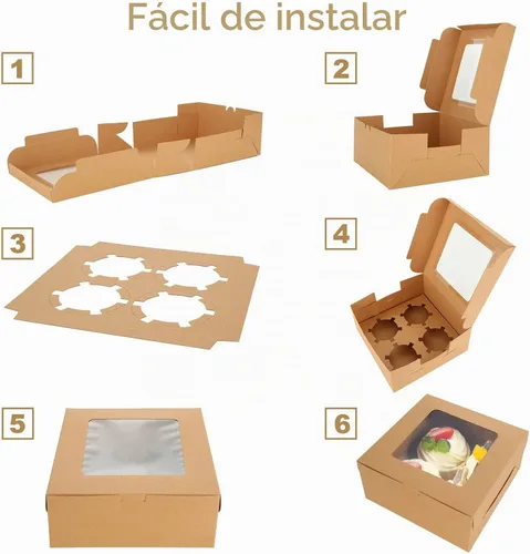 Vista 4 de 100 cajas para magdalenas, 4 recipientes para cupcakes, cajas de papel kraft marrón para cupcakes, cajas de golosinas con inserto, 4 cavidades