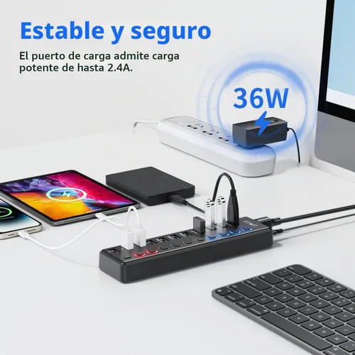 Vista 5 de Hub USB alimentado, concentrador USB 3.0 de 11 puertos JESWO (7 puertos de transferencia de datos + 4 puertos de carga inteligente)
