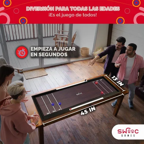 Vista 5 de Swooc Games® Shuffleboard y Curling Premium 2 en 1 Mesa de Shuffleboard de Madera Maciza 100% (4 pies) Más de 5 Formas de Jugar