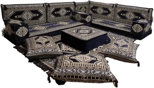 Vista 64 de arabicsofa Juego de asientos Jalsa en forma de L – Majlis árabe hecho a mano con almohadas de respaldo
