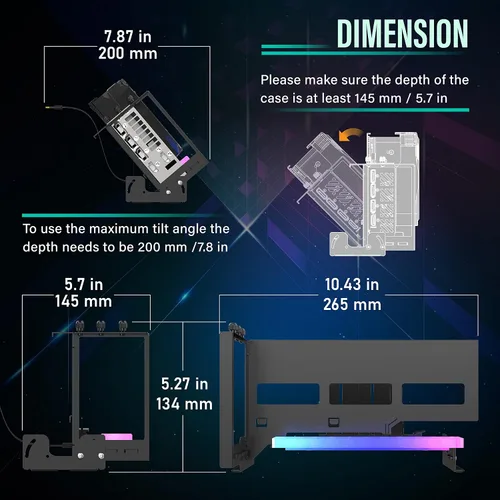 Vista 4 de EZDIY-FAB Soporte de montaje de GPU PCIe 4.0 con módulo LED ARGB, ajuste multiángulo con cable elevador, compatible con RTX4090, 4080, 4070ti