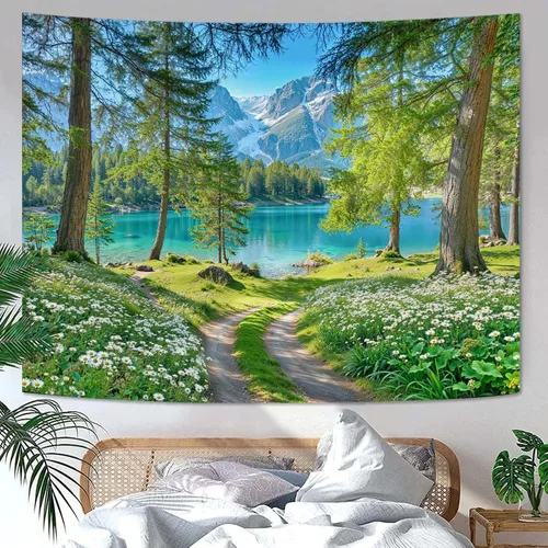 Vista 33 de Zussun Tapiz de Bosque Natural de Montaña Tapiz Verde de Pino Luz Solar Selva para Dormitorio Estético Planta Paisaje de Montaña Tapices Pequeños