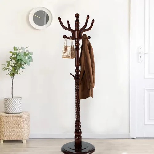 Vista 18 de Perchero de madera independiente, colgador de árbol de pasillo con ganchos de resina, perchero ajustable y resistente para colgar ropa, bolsas