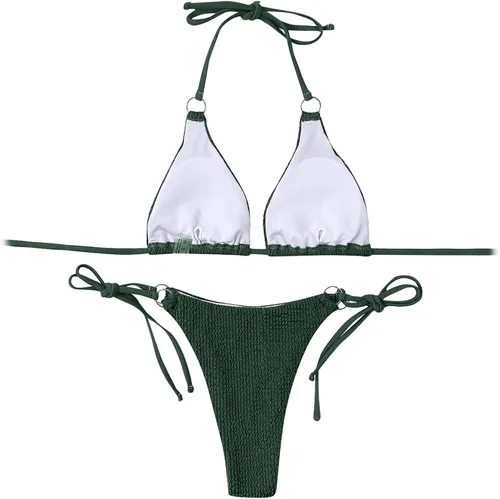 Vista 3 de Huazi2 Conjunto de bikini de dos piezas para mujer, parte superior triangular de color dividido, tirantes dobles con almohadilla para el pecho