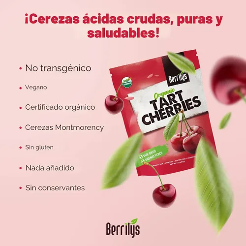 Vista 6 de Berrilys Cerezas ácidas secas orgánicas sin azúcar, 1 libra, (16 onzas), sin azúcar añadido, perfectas para hornear, aperitivos y ensaladas, sin