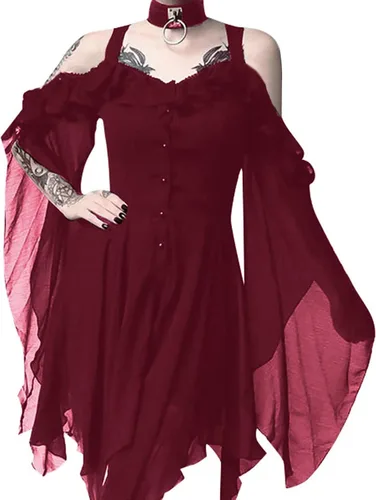 Vista 2 de Disfraz de feria renacentista para mujer, vestido sexy con hombros descubiertos, vestido gótico de Halloween, vestido de bruja para cosplay