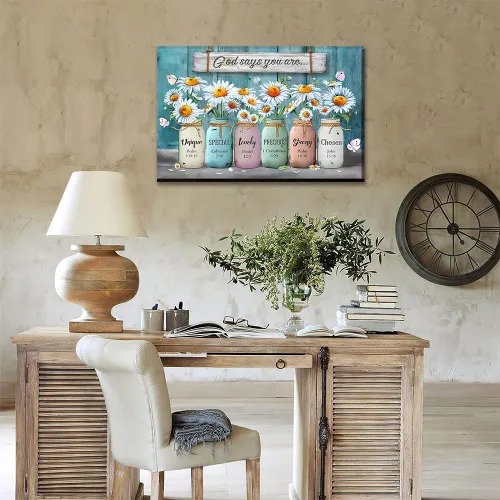 Vista 2 de Lienzo floral enmarcado, arte para la pared, con versículos de la Biblia, con texto en inglés "God Says You are", póster de flores de margarita