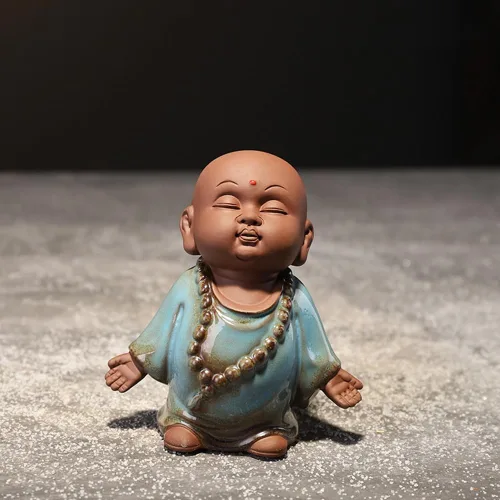 Vista 4 de Estatua de monje de Buda roja, figura de cerámica para bebé, té de monje zen, figura de mascota, estatua de meditación de 3.7 pulgadas para Azul