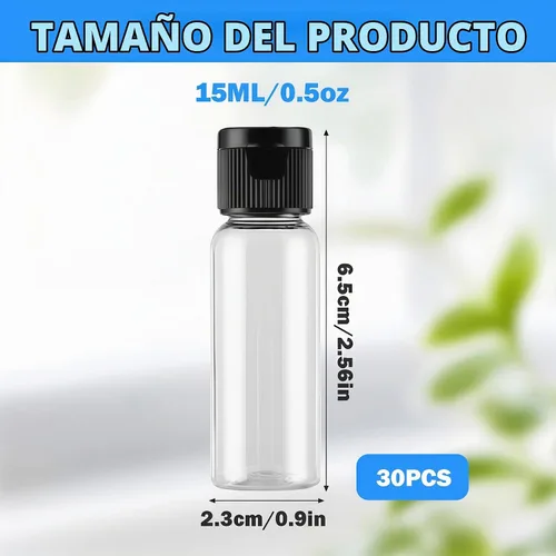 Vista 2 de 30 botellas de muestra de plástico transparente reutilizables vacías de 0.5 fl oz 0.51 oz con tapa abatible negra, frasco de viaje, recipiente
