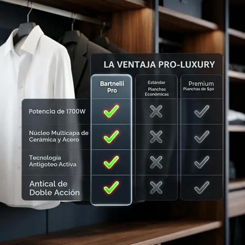 Vista 9 de Bartnelli Plancha de vapor Pro Luxury para ropa, plancha comercial resistente de 1700 W con suela de cerámica multicapa, tecnología antigoteo