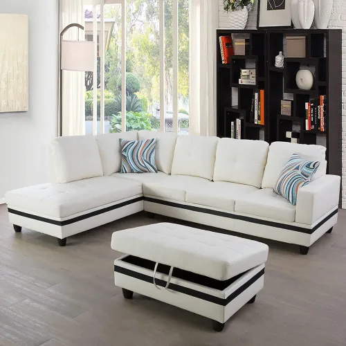Vista 21 de Juego de sofá seccional de cuero para sala de estar, juego de 3 piezas con almacenamiento otomano negro para sala de estar/dormitorio/apartamento