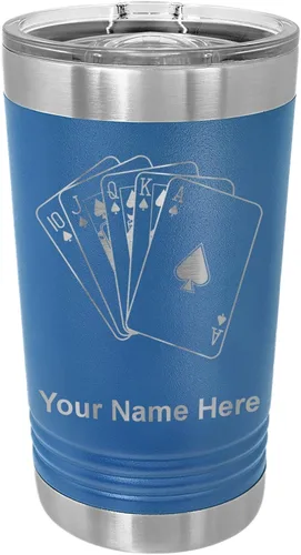 Vista 9 de LaserGram Vaso de pinta aislado al vacío de 16 onzas, tarjetas de póquer Royal Flush con grabado personalizado incluido (negro)