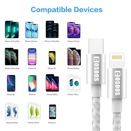 Vista 7 de COSOOS 2 cables cortos USB-C a iPhone, cable de alimentación de sincronización de carga rápida trenzado de nailon de 10 pulgadas/10.2 in, compatible