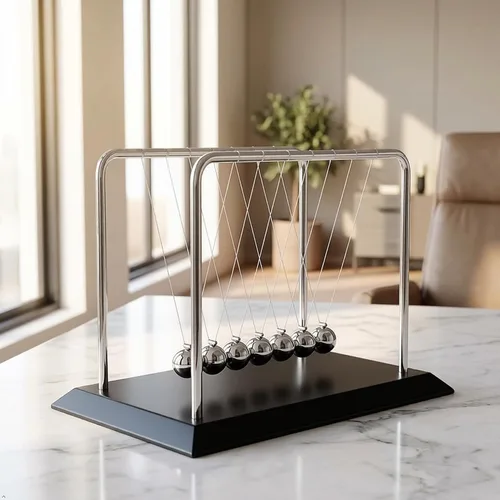 Vista 3 de Bolas de equilibrio grandes de Newton Cradle con 7 bolas de ciencia física, decoración de escritorio para oficina en casa
