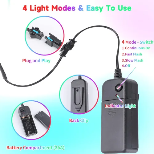 Vista 5 de EL Wire Paquete de 5 - Tiras de luces de cuerda de neón portátiles de 9.8 pies - Paquete de batería portátil para luces corporales - Iluminación