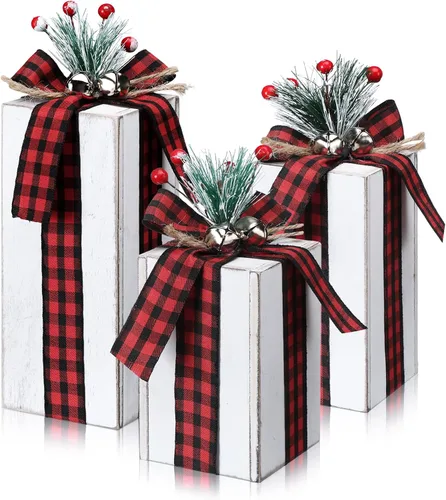 Vista 12 de 3 piezas de caja de regalos de madera de Navidad, decoración de centros de mesa de regalos a cuadros navideños, decoración de bandeja escalonada