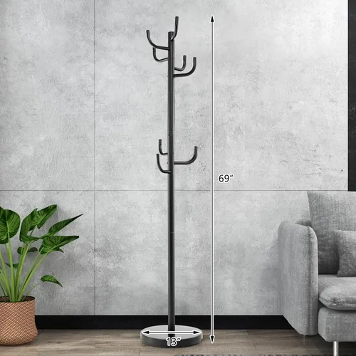 Vista 5 de Tangkula Perchero independiente, árbol de metal resistente con 8 ganchos, soporte para colgar abrigos con base ampliada de 13 pulgadas, árbol