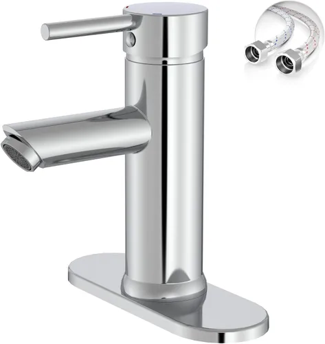 Vista 16 de Grifos de baño negros y dorados de 1 agujero, un solo mango, grifo de lavabo de baño moderno comercial con placa de cubierta, drenaje desplegable