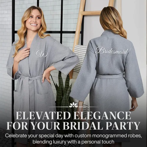 Vista 6 de Lotus Linen Womens Lightweight Waffle Spa Robes Soft Cotton Knee Length Bathrobe, Personalized Bridesmaids Robe