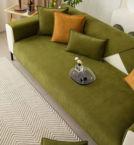 Vista 5 de vctops Funda de sofá con diseño de rayas cheurón estilo granja, protector de muebles de color sólido, funda de sofá suave antideslizante para Verde
