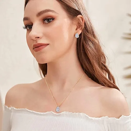 Vista 2 de EleQueen Women's Cubic Zirconia Crystal Teardrop Necklace Earrings Bracelet Wedding Party Jewelry Sets for Bride Bridemaids