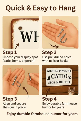 Vista 6 de Cartel de metal con diseño de hojalata de amante de gatos, "What Happens In The Catio Stays In The Catio", cartel divertido para casa de gatos