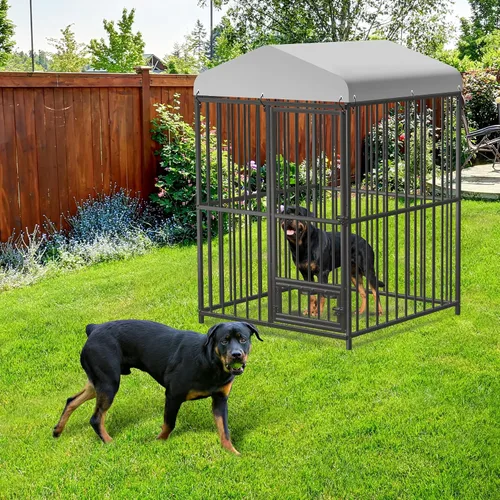 Vista 4 de Perrera para perros grandes, 4 x 4 x 6 pies, perrera grande exterior con cerradura, recintos para perros con cubierta impermeable resistente a