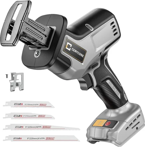 Vista 10 de Cerycose Sierra recíproca inalámbrica sin escobillas, compatible con baterías Milwaukee de 18 V, cambio de hoja sin herramientas, incluye 4 hojas