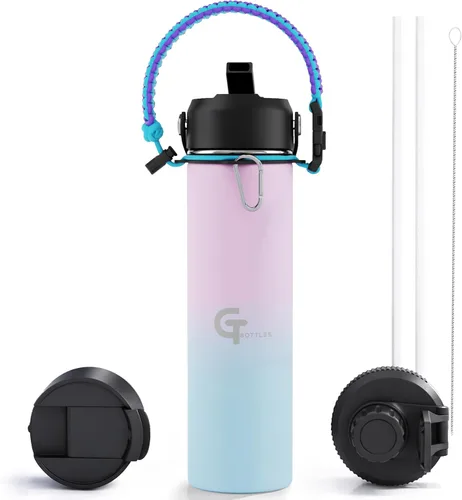 Vista 30 de Botella de agua para niños de 18 onzas, de acero inoxidable aislado con tapa con popote, 3 tapas, a prueba de fugas, mango de paracaídas, sin BPA