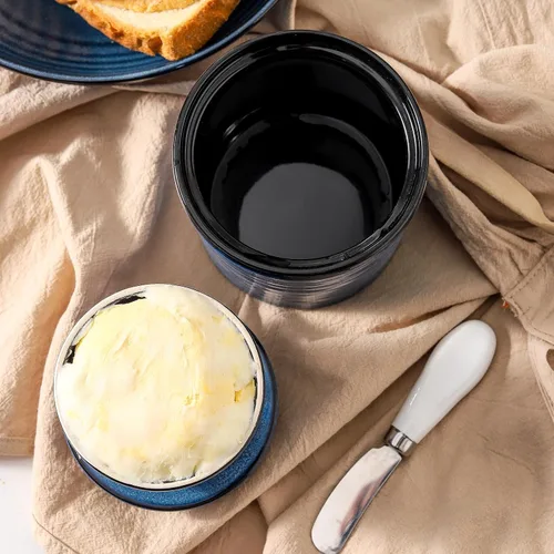 Vista 7 de HASENSE Vajilla de mantequilla de cerámica con tapa, plato de mantequilla para encimera con línea de agua, contenedor francés de mantequilla