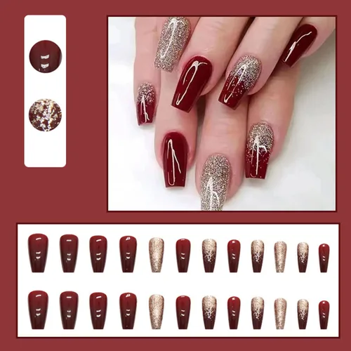 Vista 2 de 24 uñas postizas largas a presión, color rojo vino oscuro, elegante diseño degradado rojo vino, purpurina dorada, brillante, uñas postizas rojas