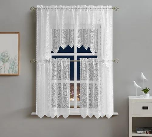 Vista 5 de Warm Home Designs El paquete de 3 cortinas de lino dorado para ventana de cocina incluye 2 niveles de 24 pulgadas y cenefa con festón. Juego