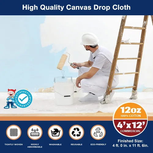 Vista 2 de Tela de lona multiusos de 12 onzas, 4 x 12 pies, cubierta de lona de algodón resistente de grado comercial, sin costuras, lavable y reutilizable