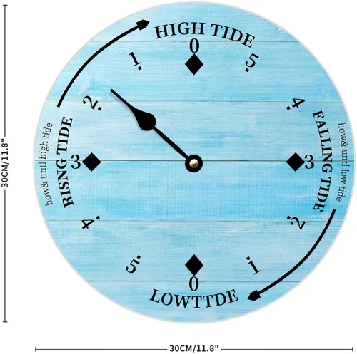 Vista 2 de Reloj de marea de madera de madera azul de la costa este del océano, reloj de marea de madera, marea alta y baja, para colgar en la pared, reloj
