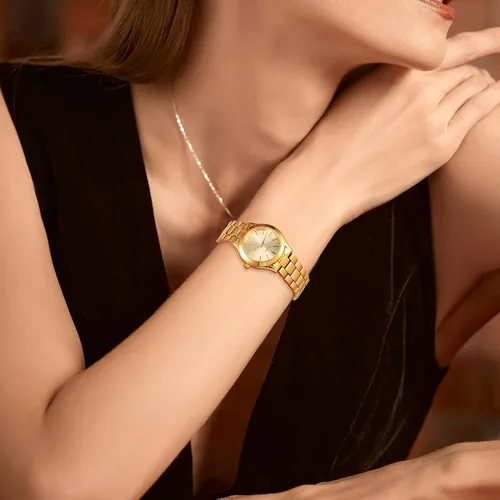 Vista 7 de BUREI Reloj de negocios para mujer con fecha de día, movimiento de cuarzo analógico, pulsera de acero inoxidable de oro plateado, reloj de moda