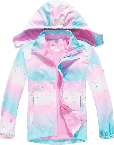 Vista 17 de M2C - Chaqueta ligera impermeable para exteriores con capucha para niñas, forro polar con estampado floral Perla de guepardo
