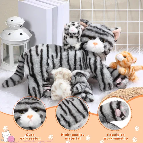 Vista 4 de Skylety Animal de peluche Nurturing con 4 gatitos de peluche, gatos de peluche para niñas y niños, mamá gatita de peluche con gatitos para regalos