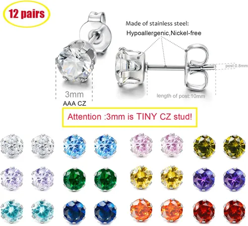Vista 2 de LOYALLOOK 12 pares de aretes de acero inoxidable con circonita cúbica redonda de corte brillante para mujer, Piedra Diamante Circonita cúbica Piedra