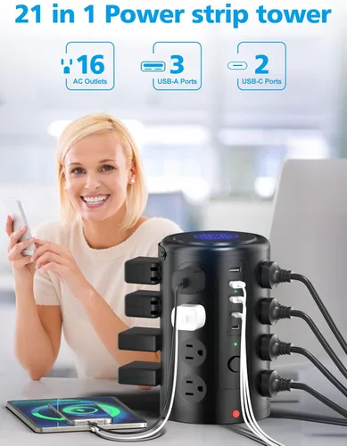 Vista 2 de Regleta de alimentación con protector de sobretensiones de torre (16 salidas de CA + 5 puertos USB incluyendo 2 tipos C), cable de extensión de 5