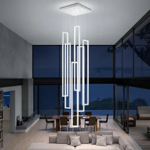 Vista 25 de Flashing God Candelabro moderno, candelabros cromados con 6 anillos LED, lámpara de techo alto más grande para sala de estar, lámpara rectangular
